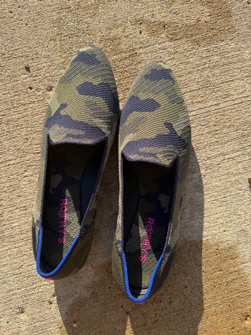 Rothy's Camo Knit Slip-On Flats in Olive and Navy Trim